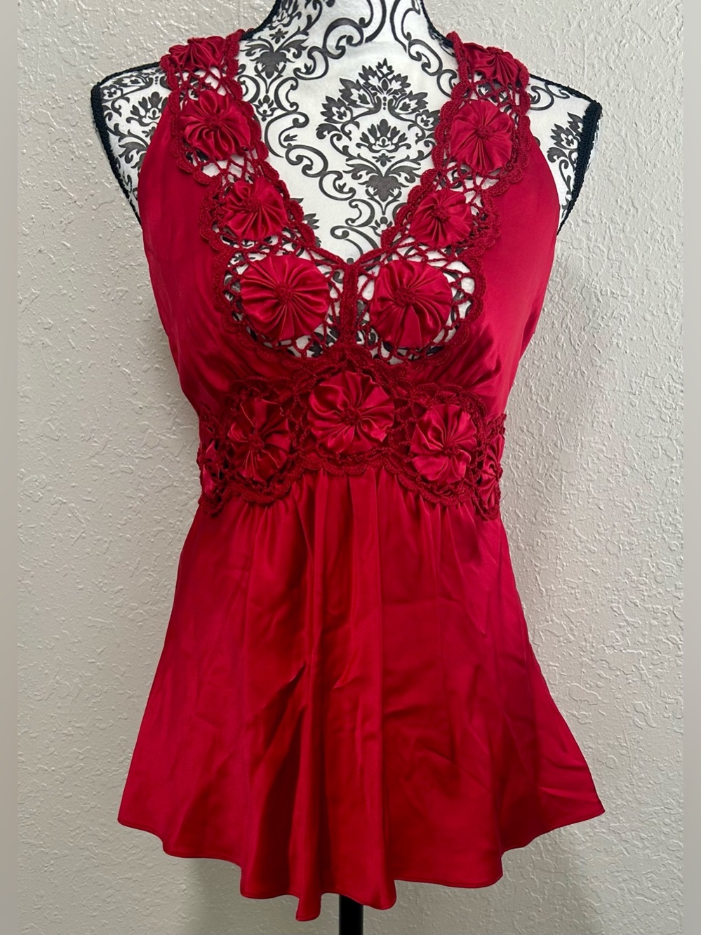 Hera Red Satin Floral Appliqué Babydoll Dress/Top Rare Size 2